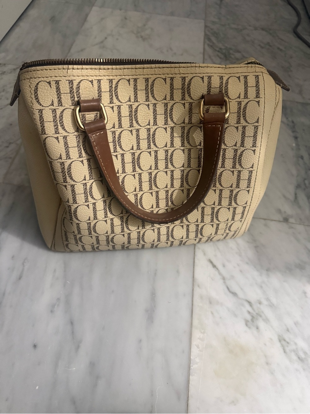 Carolina Herrera Beige CH Logo Satchel with Brown Handles